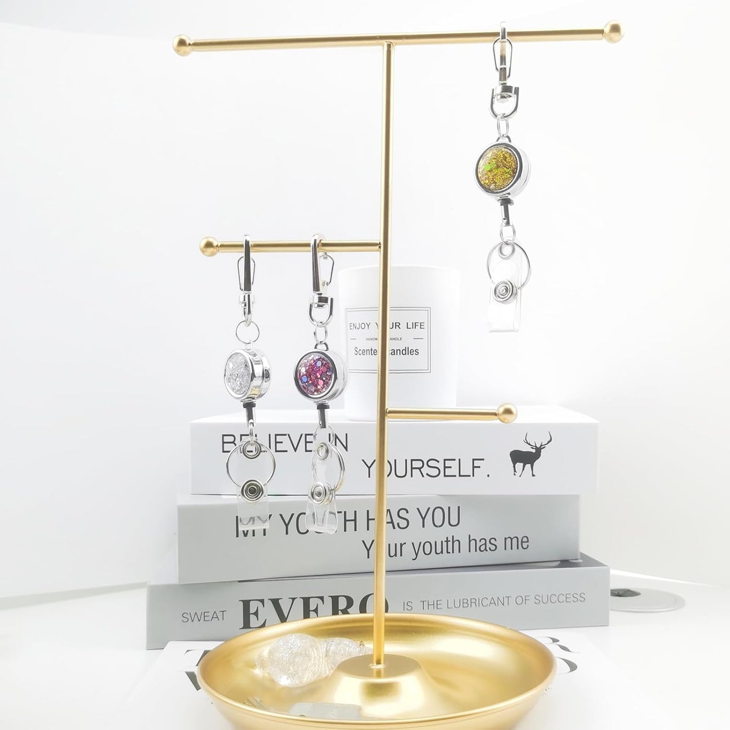 bolimoss 3 Pack Retractable ID Badge Reels with Glittery Shiny Design, Key Ring and Belt Clip,Sturdy Retractable Rope for Office Workers, Nurses, Teachers, Students (Golden, Pink, Silver)