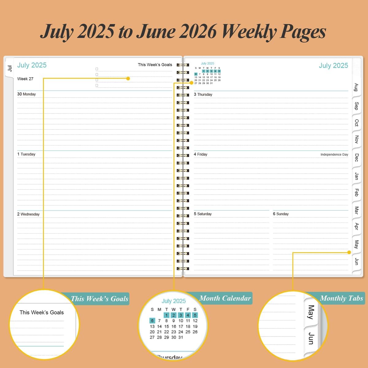 2025-2026 Planner - Planner 2025 from July 2025 to June 2026 with 12 Monthly Tabs, Flexible Cover, Inner Pocket, 8.5" x 11", Rose Floral