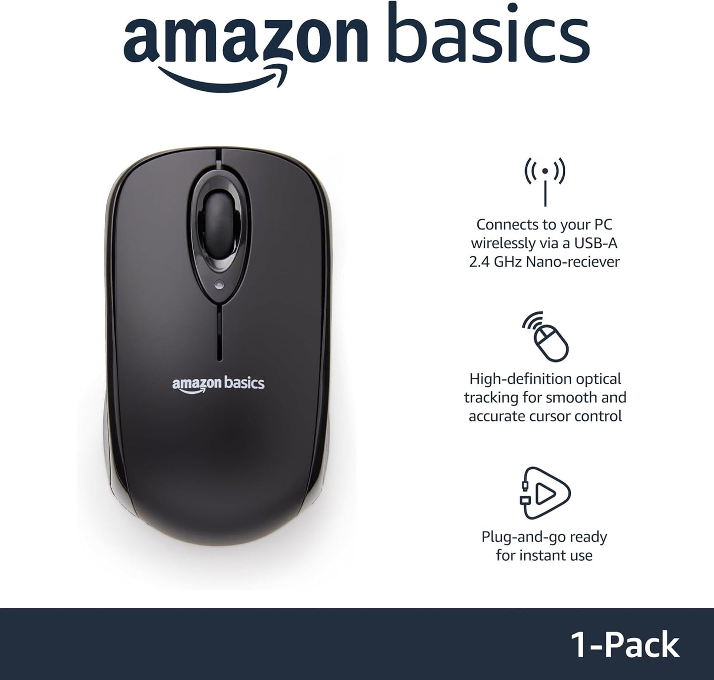 Amazon Basics 2.4 Ghz Wireless Optical Computer Mouse with USB Nano Receiver, Black