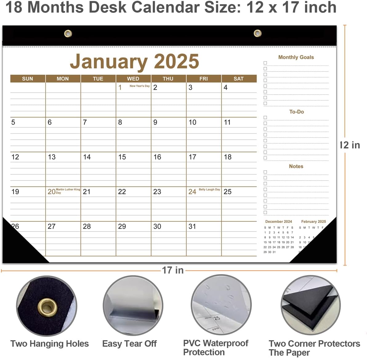 Desk Calendar 2025-2026 - 18 Months Calendar from January 2025 to June 2026, Desk Calendar 2025 with Thick Paper, 12" x 17", Brown