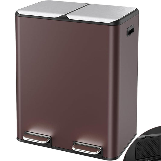 Arlopu 16Gal Dual Trash Can w/2 Built-in Box for Odor Control, Hands-Free Kitchen Garbage Bin, Recycle Waste Dustbin, Soft-Close Lid, 2 Buckets,Foot Pedal, Side Handle, Airtight,for Home Office