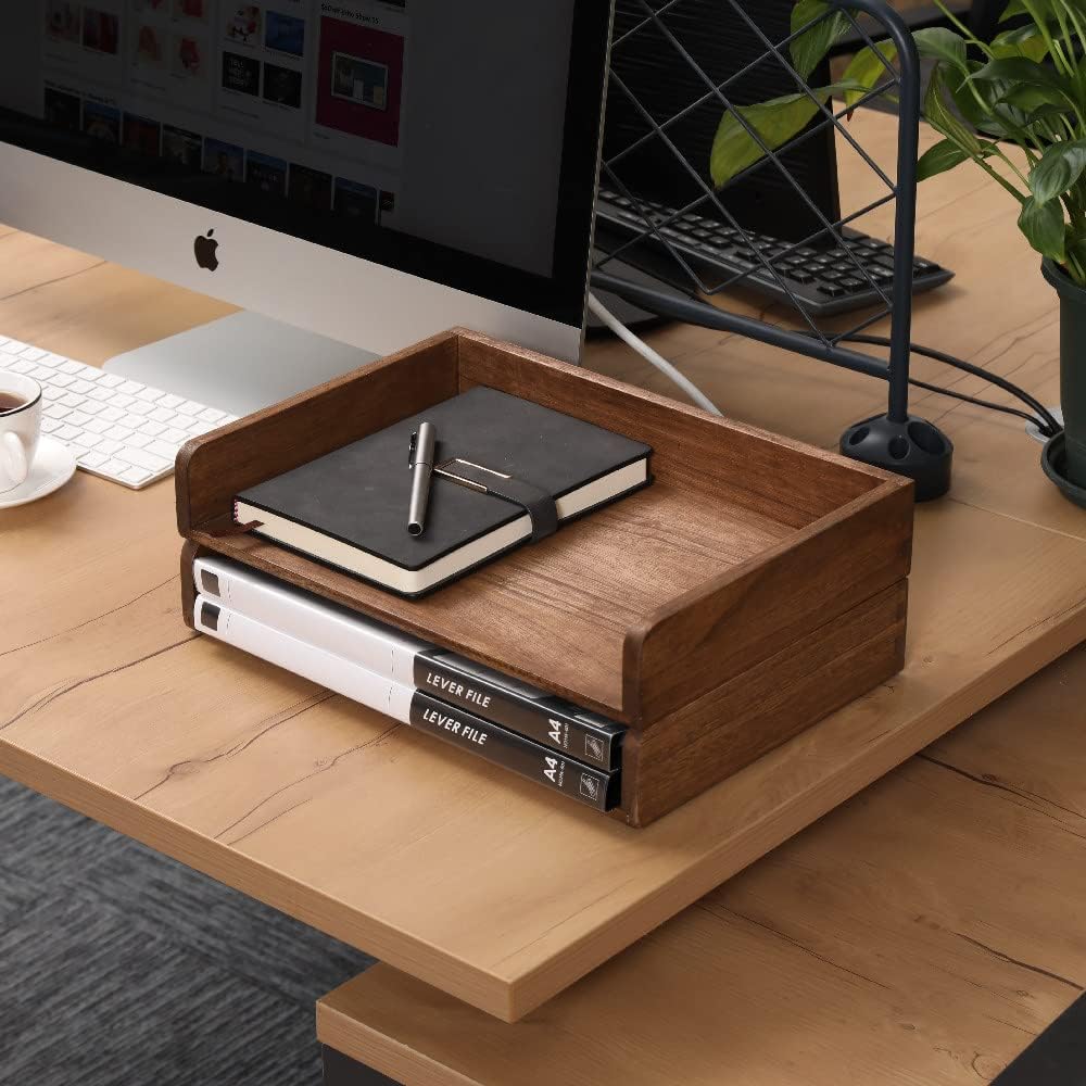 Desktop File Trays Stackable Paper Tray for Letter/A4 Size Magazine - Wood Office Document Organizer Shelf - Wooden Folder Organization Rack Desk Tray Pack of 2 Dark(2CTP-DK)