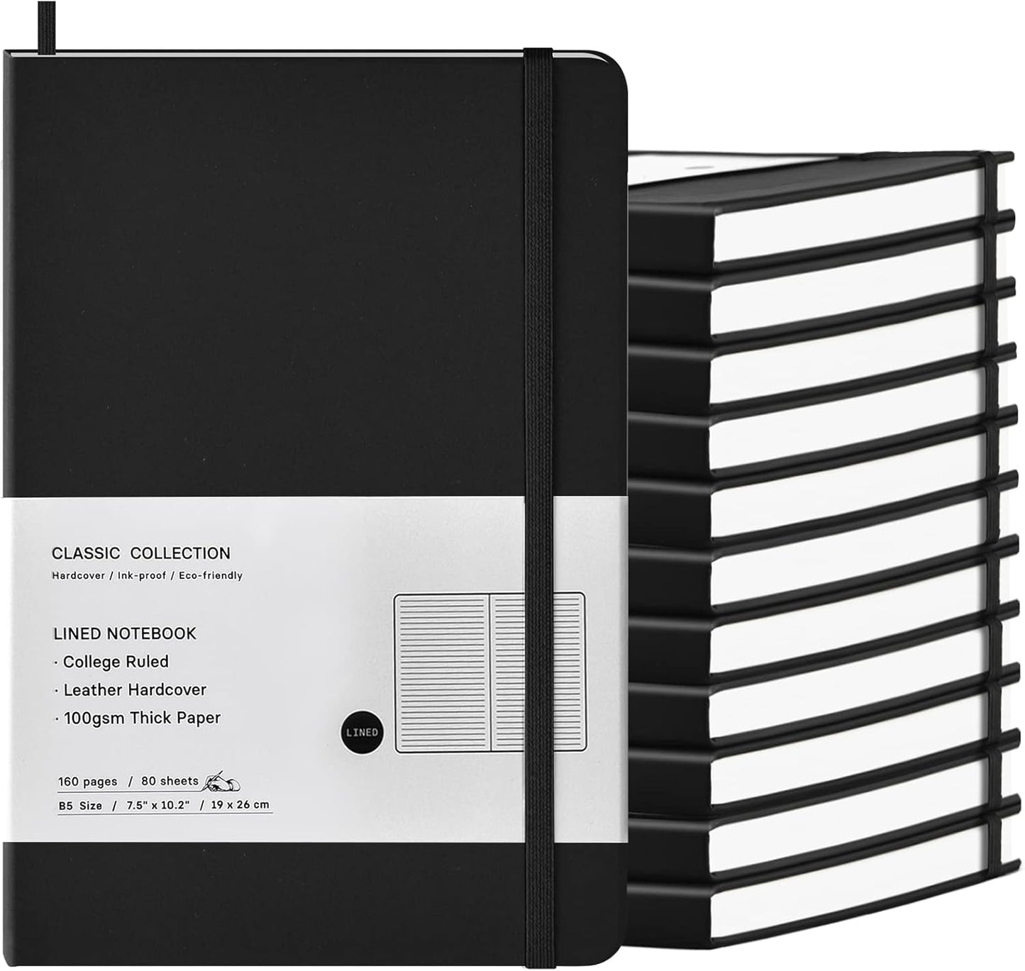 Coopay 12 Pack B5 Notebooks Journal College Ruled Composition Notebooks Classic Hardcover Lined Journals for Office Home School Business Writing Note Taking, 10.2" x 7.5", 100GSM Thick Paper (Black)