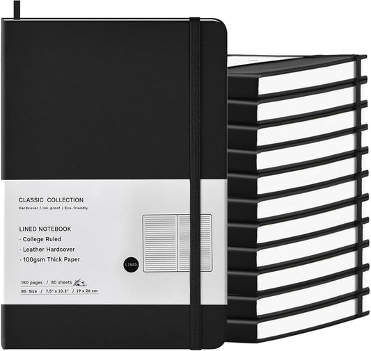 Coopay 12 Pack B5 Notebooks Journal College Ruled Composition Notebooks Classic Hardcover Lined Journals for Office Home School Business Writing Note Taking, 10.2" x 7.5", 100GSM Thick Paper (Black)