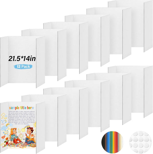 12 Pcs Trifold Poster, 21.5x14 Inches Small White Poster Comes with Sticky Accessories, Corrugated Presentation Display Board for School Projects, Business Presentations