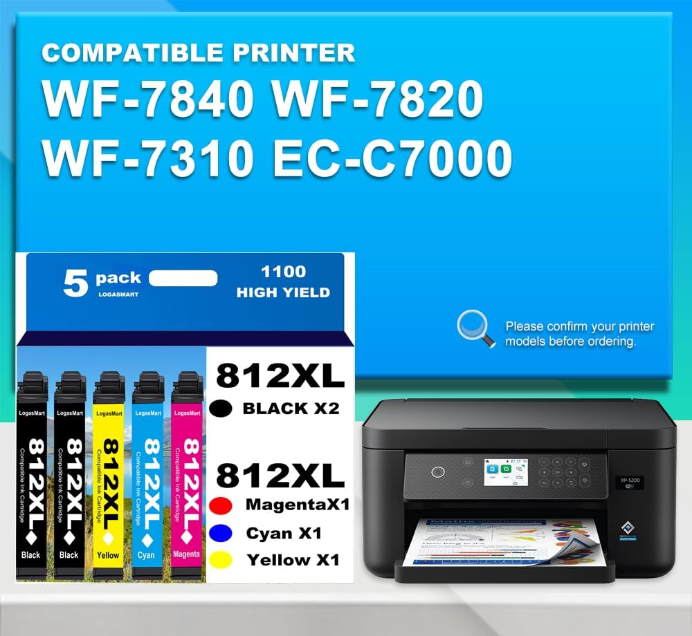 812XL Remanufactured for Epson 812XL Ink cartridges Combo Pack for Epson 812 T812 XL for Epson Workforce Pro WF-7840 WF-7820 WF-7310 EC-C7000 Printer 5 Pack 2 Black 1 Cyan 1 Magenta 1 Yellow