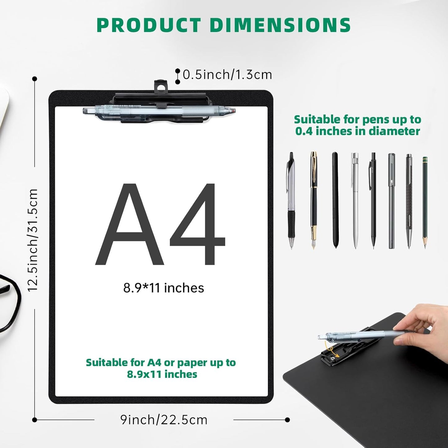 Black Clipboard with Pen Holder, Set of 6 Plastic Clipboard with Low Profile Metal Clip, Hanging Clip boards Holds 8.5x11 Inch Papers, Standard A4 Letter Size Clip Boards for Offices & School