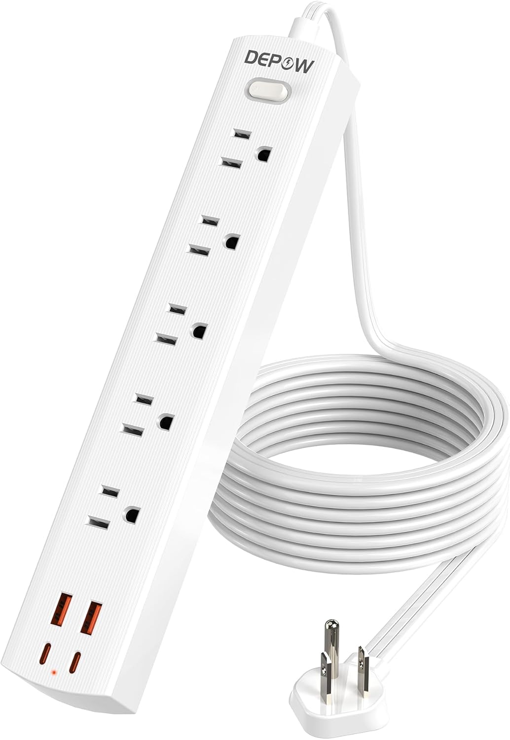 10 Ft Ultra Thin Extension Cord, 5-Outlet Power Strip Surge Protector with 4 USB Ports (2 USB C), 1875W/15A, Low Profile Flat Plug, 1700 Joules, Wall Mount for Home Office, White