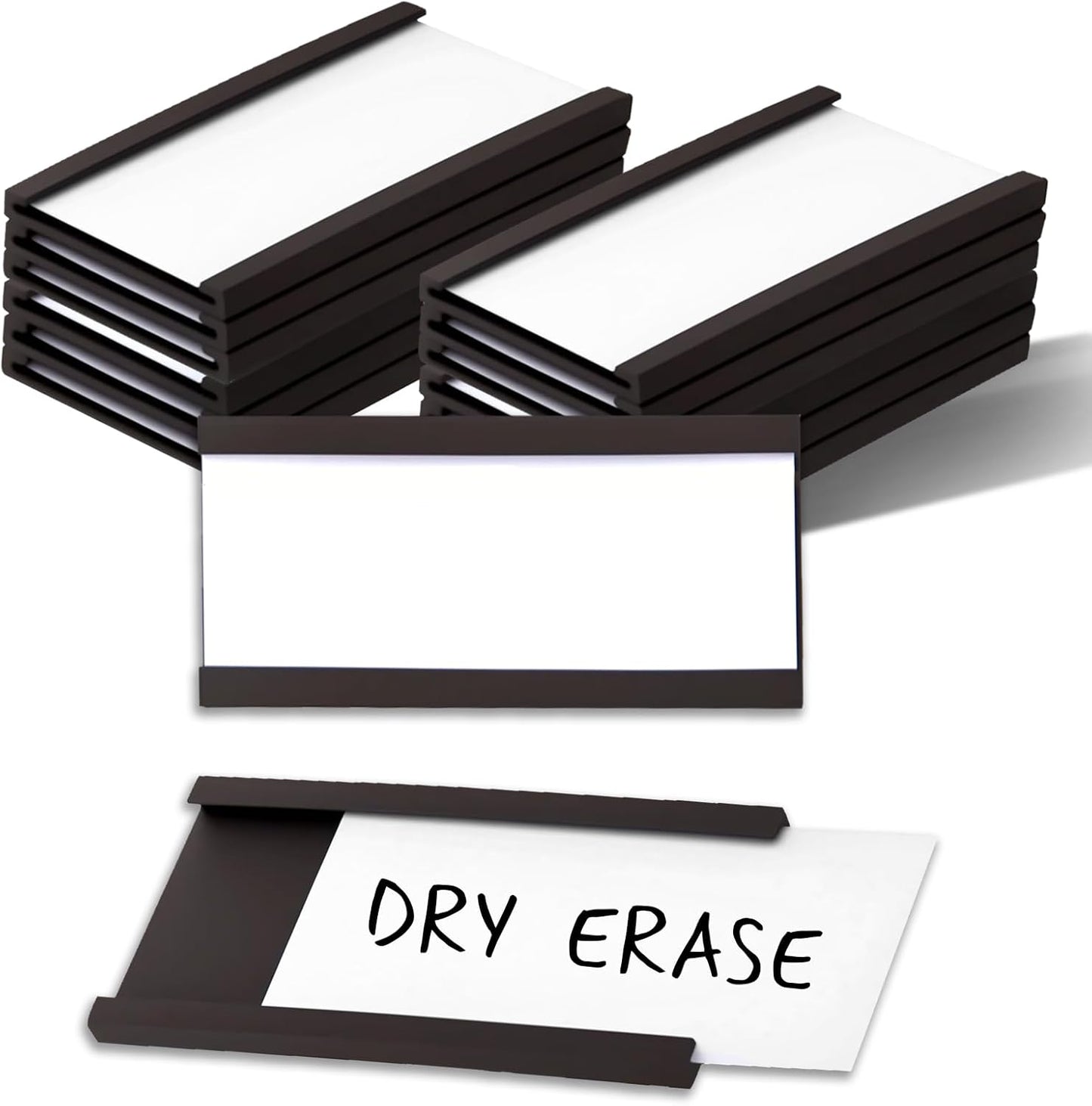 50 Pack Magnetic Label Holders, 'C' Channel Magnets Card Holders with Dry Erase Insert Label Card for Metal Racks and Shelves (1" x 2")