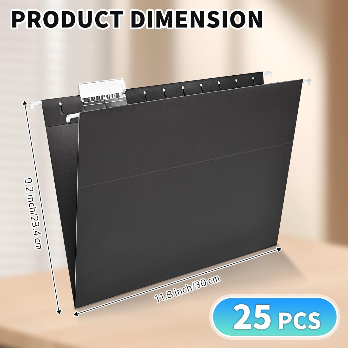 25-Pack Black Hanging File Folders, Letter Size (8.5" x 11Inch), Includes 35 Transparent Label Cards & 50 Sticker Labels,1/5-Cut Tabs for Home & Office Organization