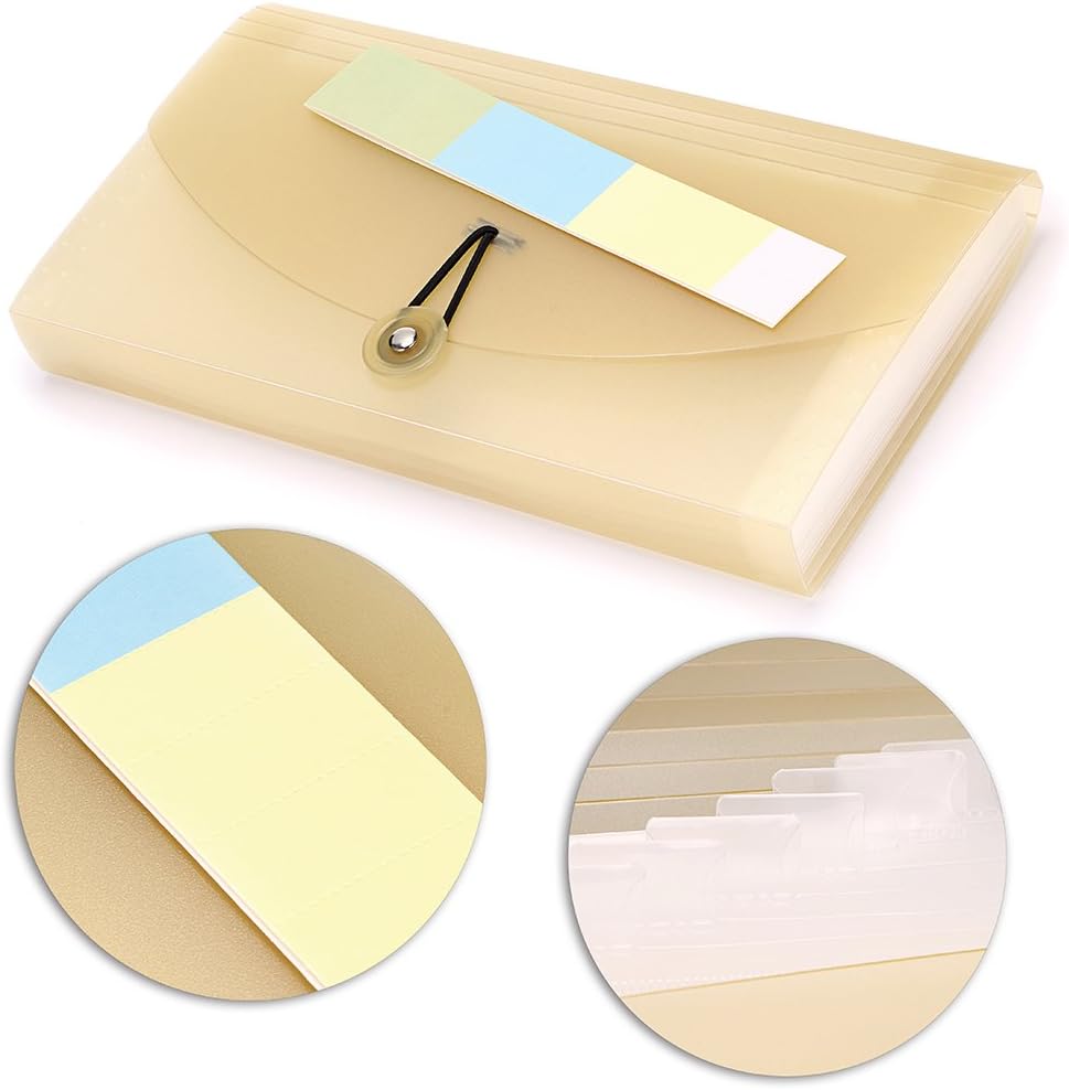 BTSKY Expanding File Folder - 13 Pockets, Small Accordion File Folder, Expandable Card Ticket Holder, Plastic Business Document Organizer, Khaki Translucent