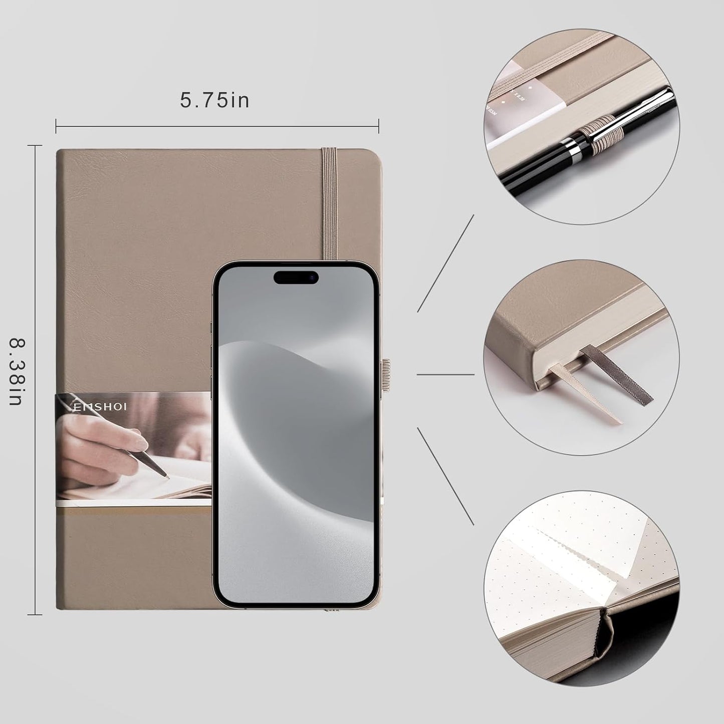 EMSHOI Dotted Notebook - 256 Pages A5 Dot Grid Journal Bullet Notebook with 120gsm Thick Dotted Paper,16 Perforated Pages, Hardcover Leather, Pen Holder, Inner Pocket, 5.75'' × 8.38''-Khaki