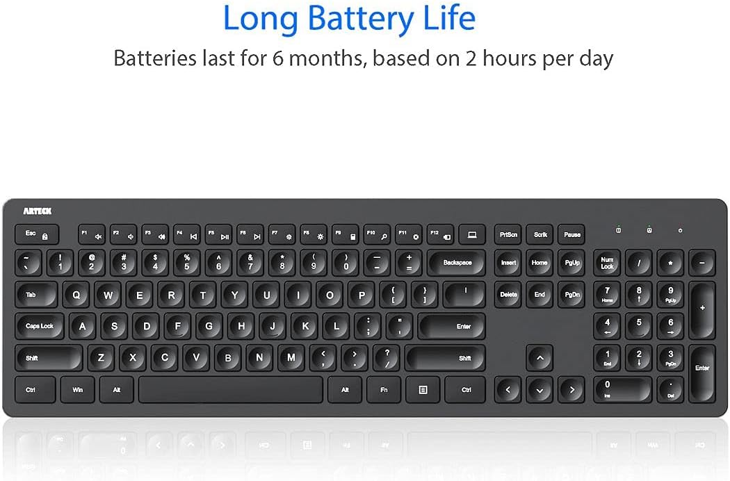Arteck 2.4G Wireless Keyboard Ultra Slim Full Size Keyboard with Numeric Keypad and Media Hotkey for Computer/Desktop/PC/Laptop/Surface/Smart TV and Windows 11/10/ 8/7