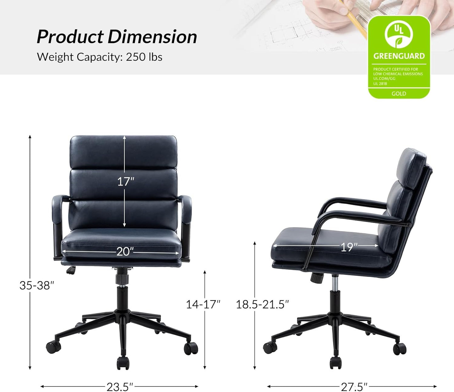 HULALA HOME Modern Faux Leather Home Office Chair with Tilt Lock & Metal Base, Desk Chair with Wheels & Padded Cushion, 360° Swivel Wide Seat Computer Task Chair, Black