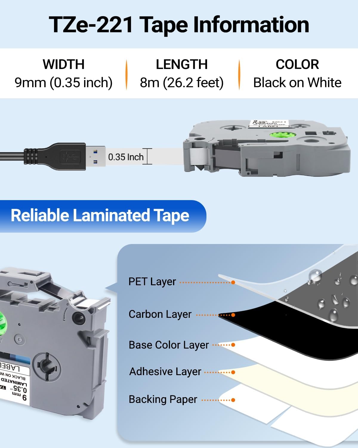 9mm Label Maker Tape TZe-221 Replacement for Brother TZe TZ Tape 9mm 0.35" Laminated (Black on White) P Touch Label Tape TZe221 for Brother PT-D220 H100 D410 D600 1890 H103W, 3 Pack