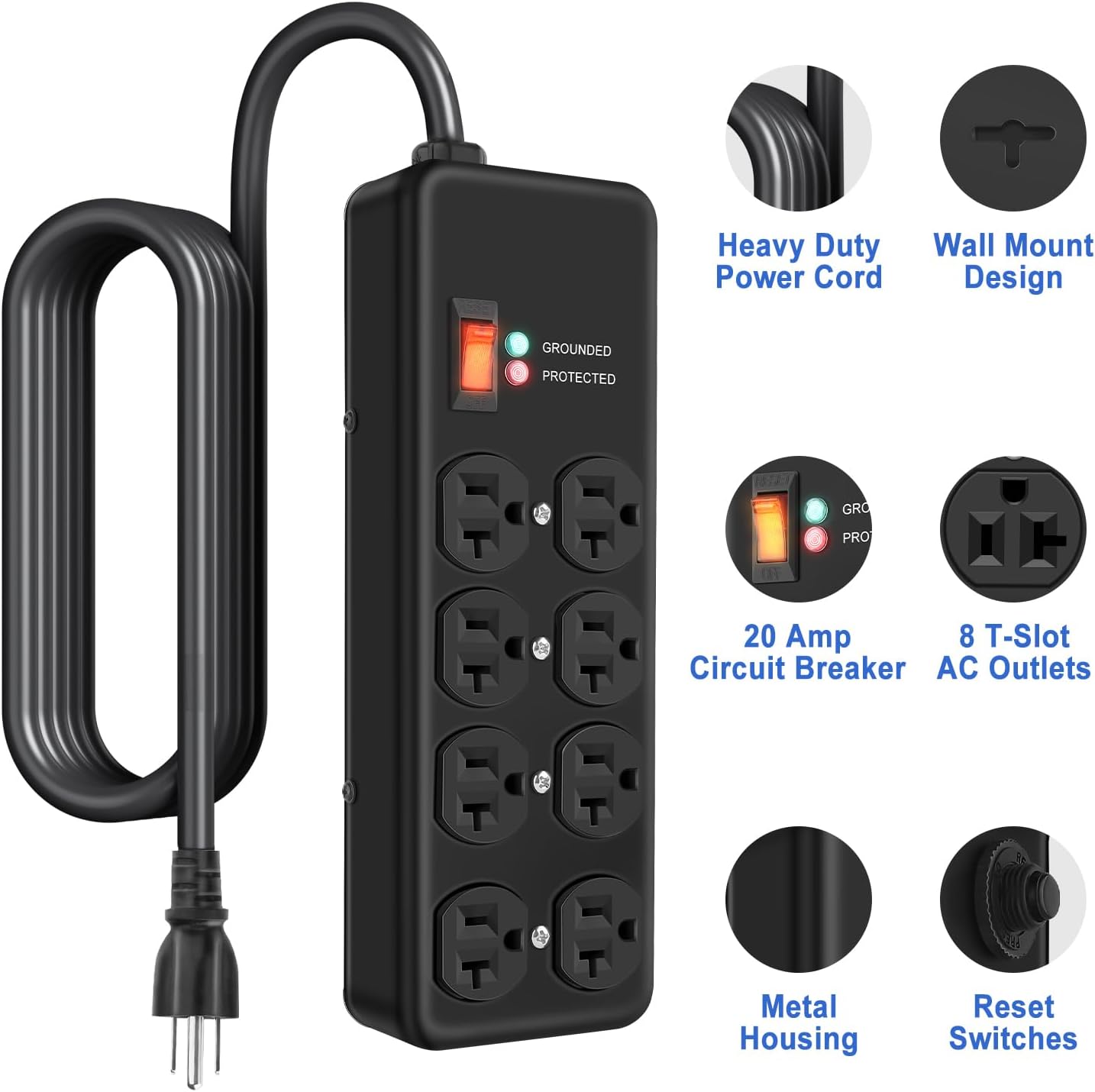 20Amp Power Strip Surge Protector, Durable Metal 8-Outlet with Heavy Duty 20 Amp 10Ft 12 Gauge Extension Cord, for Garage, Workshop & Industrial Use with 6-20R T-Slot Outlets, 4800J