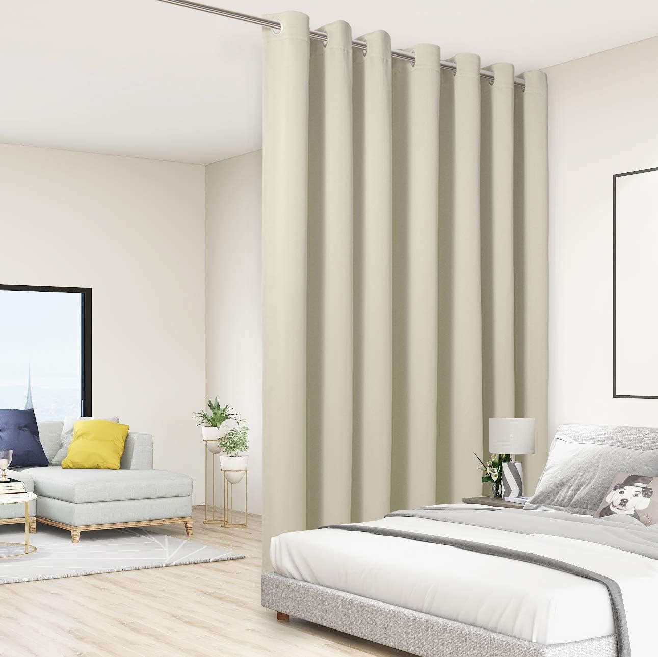 BONZER Room Divider Blackout Curtain Wide Room Darkening Total Privacy Wall Noise Reducing for Bedroom, 96L x 108W Inch (8L x 9W ft), 1 Panel, Cream
