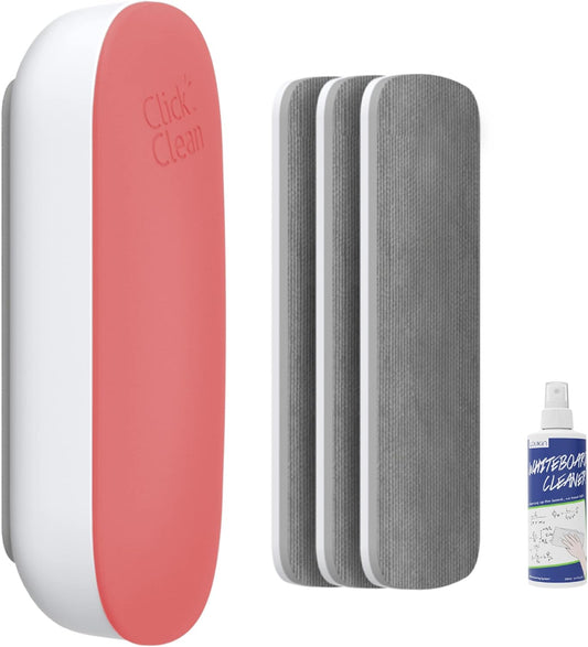 CLICK CLEAN Replaceable Dry Erase Board Eraser, 4-in-1 Magnetic Whiteboard Eraser with 3 Replaceable Felt Pads, Free 3.4oz Whiteboard Cleaner Included, Intended for Classroom, Home and Office
