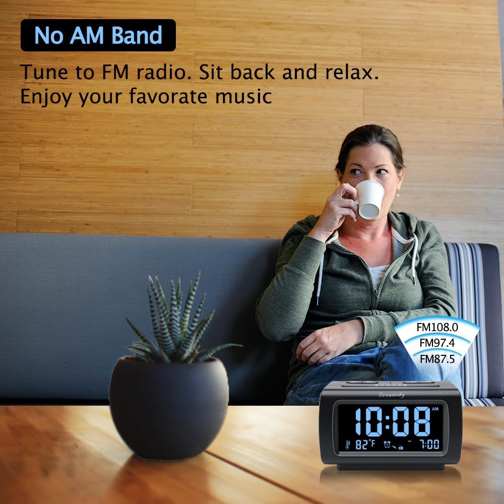 DreamSky Alarm Clock Radios for Bedrooms with Battery Backup, Large Big Numbers with Brightness Dimmer, USB Port, Bedside Digital FM Radio with Sleep Timer, Temperature, Adjustable Volume, Snooze