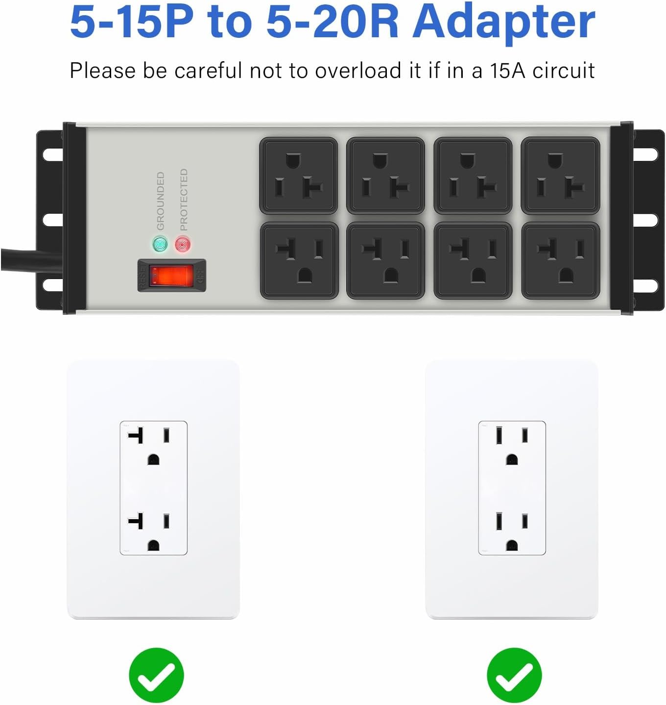 CCCEI 2PCS Heavy Duty Power Strip Surge Protector 20 AMP, 8 Outlets 12 Gauge Industrial Shop Garage Metal Multiple Outlets, 6 FT Extension Cord 5-15P Adapter High Amp 6-20R T-Slot 20a for Appliance
