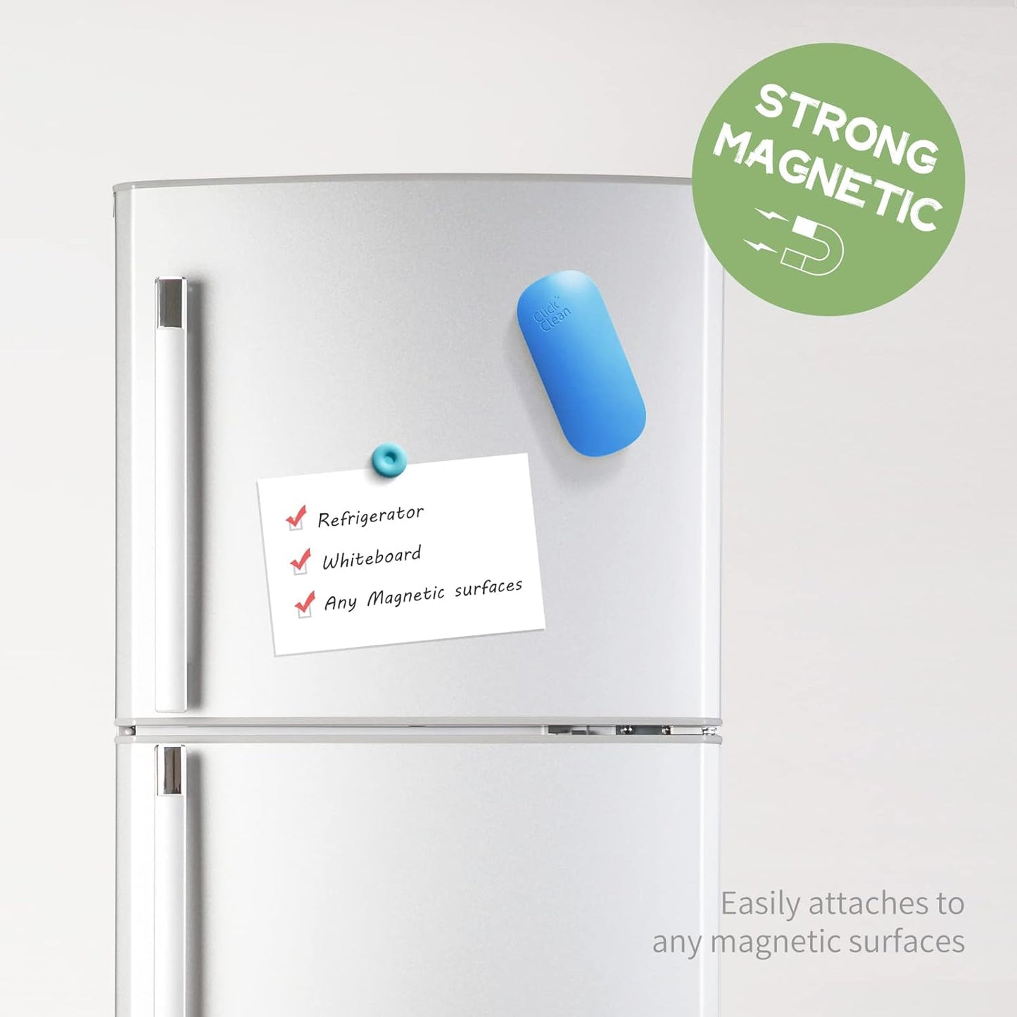 CLICK CLEAN Replaceable Dry Erase Board Eraser, 4-in-1 Magnetic Whiteboard Eraser with 3 Replaceable Felt Pads, Free 3.4oz Whiteboard Cleaner Included, Intended for Classroom, Home and Office