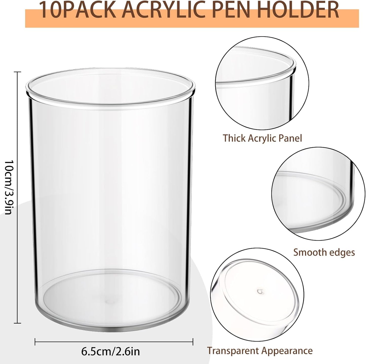 Crtiin 10 Pack Clear Acrylic Pen Holder Makeup Brush Round Pencil Holder for Desk Pen Cups Desk Organizers and Storage Desktop Stationery Organizer for Office School Home Supplies