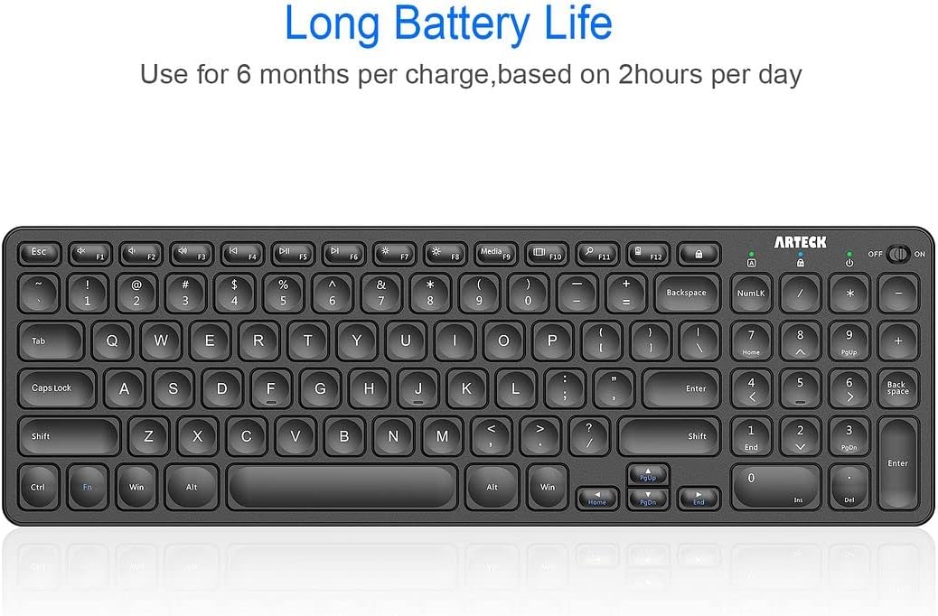 Arteck 2.4G Wireless Keyboard Ultra Slim Full Size Keyboard with Numeric Keypad and Media Hotkey for Computer/Desktop/PC/Laptop/Surface/Smart TV and Windows 10/8/ 7 Built-in Rechargeable Battery