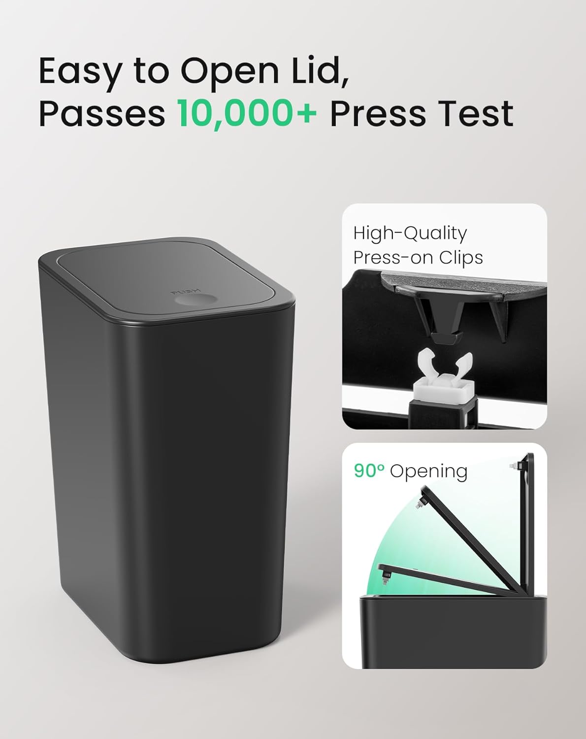 Cesun Bathroom Trash Can with Lid, 3 Pack 2.6 Gallon Small Black Garbage Can, Press Top Lid Trash Bin, Dog Proof Trash Cans Plastic Waste Basket for Bedroom Toilet Office