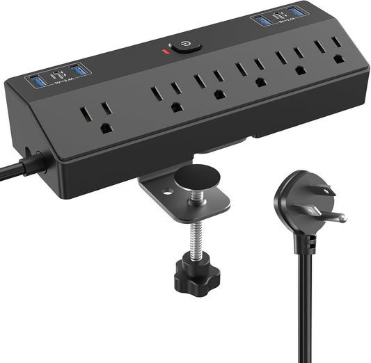 Desk Clamp Power Strip with 40W Fast Charging Station, JXGUCAT Removable Desk Clamp Mount Power Strip Surge Protector, 2 USB-C Ports, 6 AC Outlets and 10ft Cord, Fits 1.8" Tabletop Edge