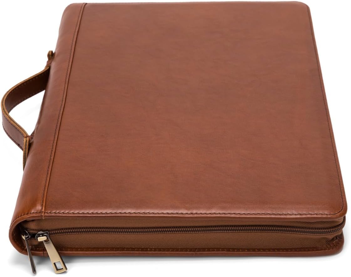 Genuine Leather 3 Ring Binder Portfolio, 8.5 x 14 Legal Size Pad Holder, Hidden Handle, Zippered Padfolio with 15” Laptop Organizer, Professional Business Folio for Men Women, Brown, Oil Tanned