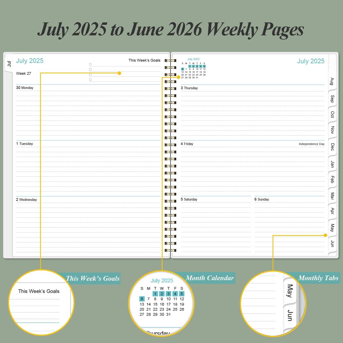 2025-2026 Planner - Academic Planner 2025-2026 from July 2025 to June 2026 with 12 Monthly Tabs, Flexible Cover, Inner Pocket, 8.5" x 11", Green