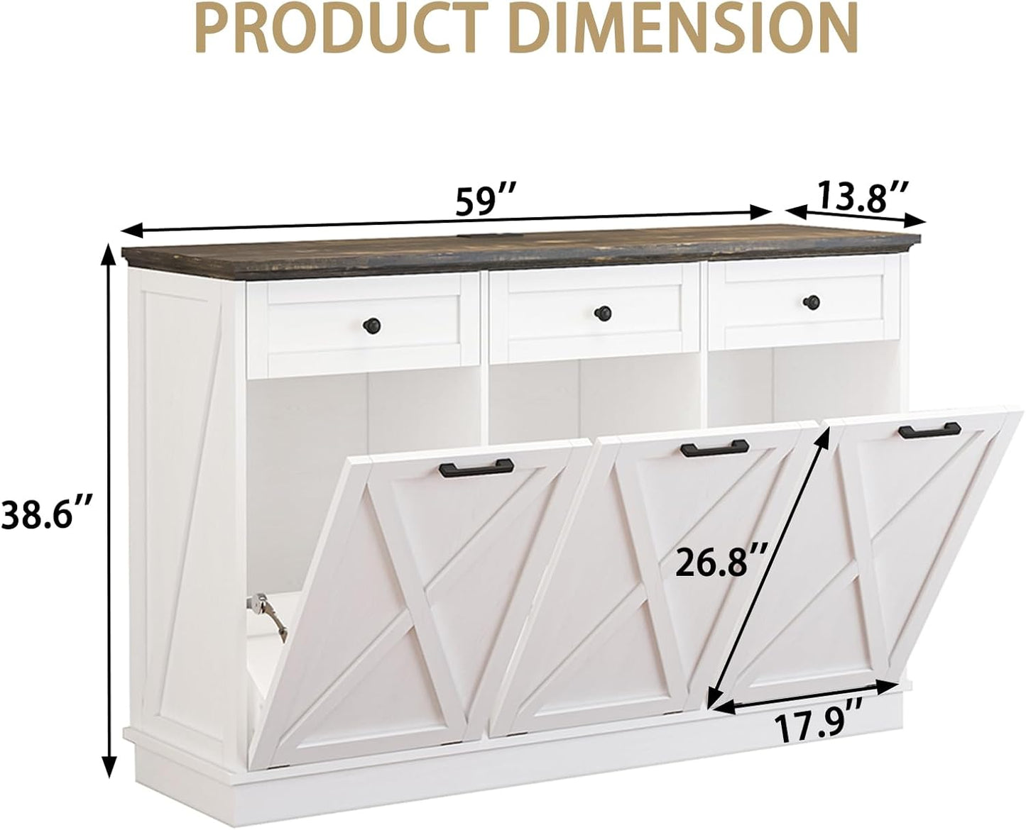 Farmhouse Tilt Out Trash Cabinet, Triple 13 Gallon Wooden Kitchen Trash Can Cabinet with Hideaway Drawer, Freestanding Garbage Recycling Cabinets, Pet Proof, Power Outlets, 59 Inch, White