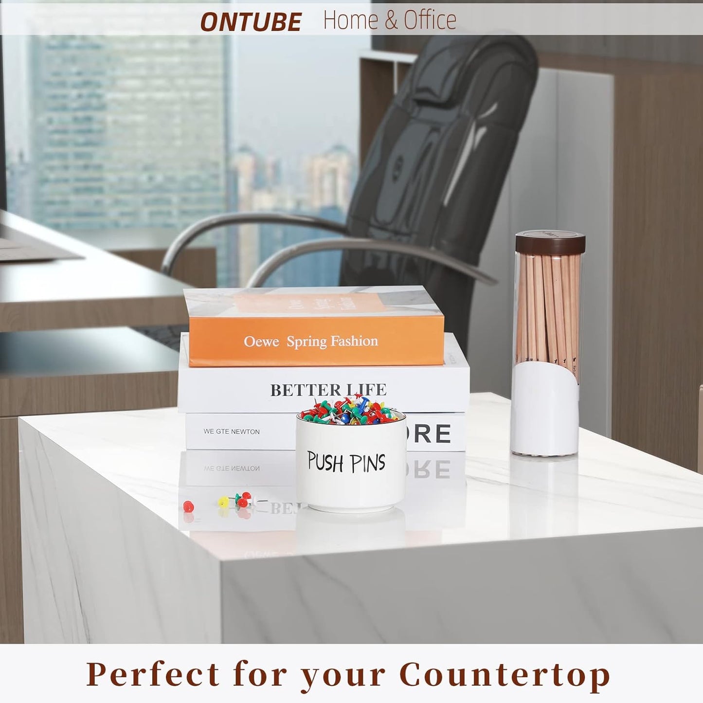 Ceramic Push Pins Holder, Paper Clips Dispenser Organizer for Desk and Binder Clips Holders Container for Office School Home Supplies 3.4Inch, White