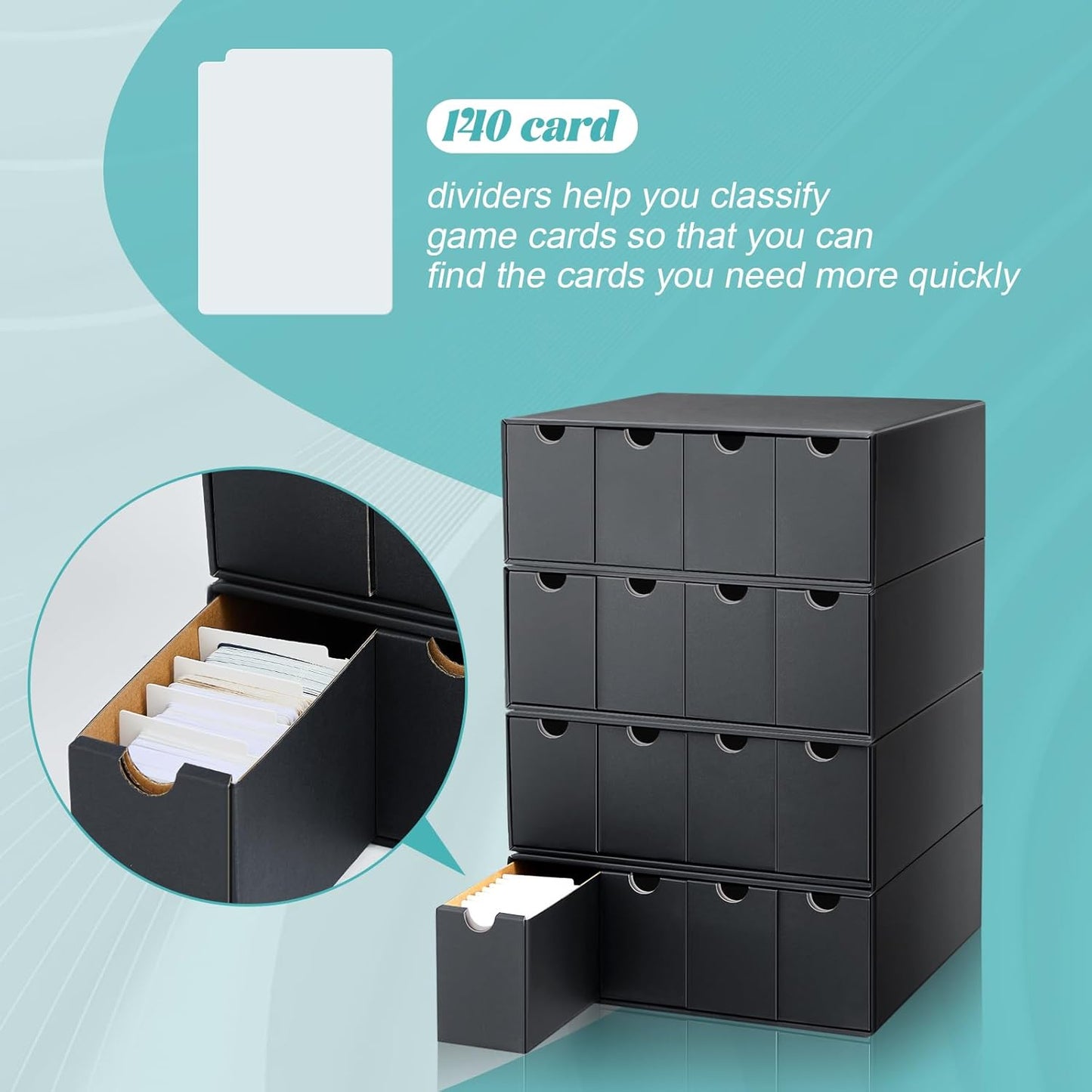 Cholemy Trading Card Storage Box 15000+ with 70 Cardboard Storage Divider, Label Sticker for Collection Compatible with TCG, Sport Cards(8 Row, 4 in A Row,Black)