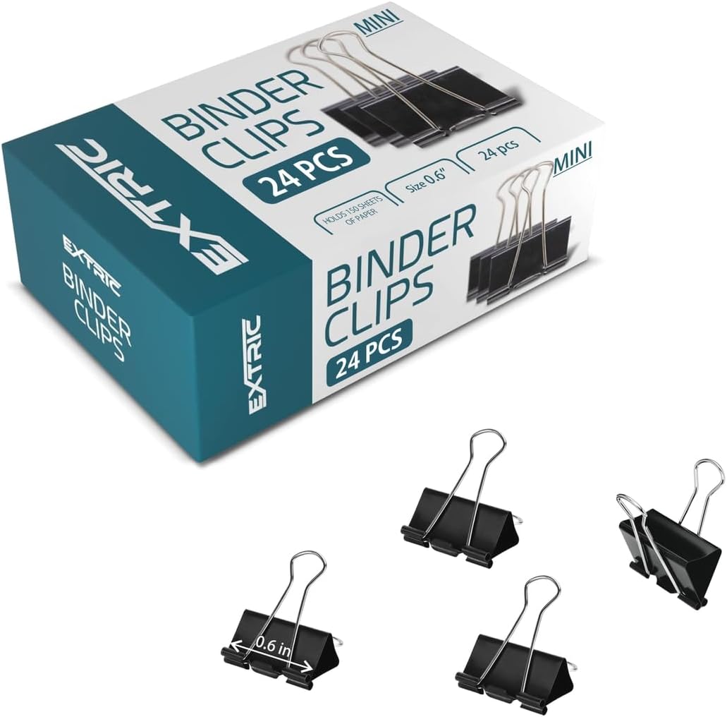 Binder Clips - 24 Mini Binder Clips, 0.6 Inch Black Paper Clamps, File Clip for Home, Office and School Supplies