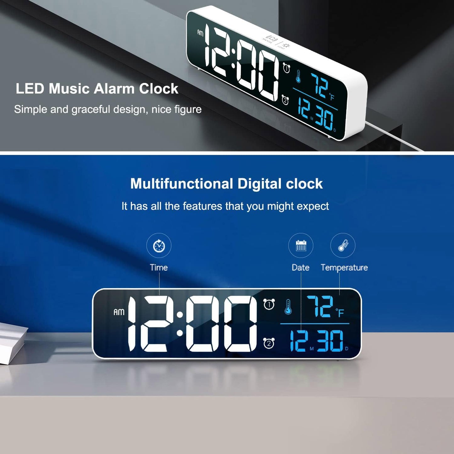 Digital Clock, Clock for Bedroom, Clocks for Living Room Decor, Desk Table Clock, Alarm Clock Large Display with Date Week Temperature, Automatic Brightness Dimmer, Smart Cool Modern (White Blue)