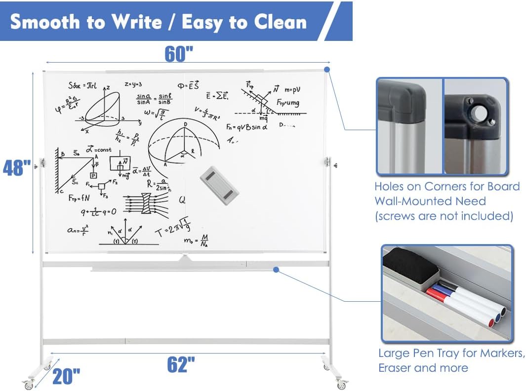 FORTUNO Large Magnetic Mobile Whiteboard 60"x48", Rolling Double Sided Stand Whiteboard on Wheels, Reversible Adjustable Height/Angle Dry Erase Board 5' x 4' Easel White Board for Office Classroom