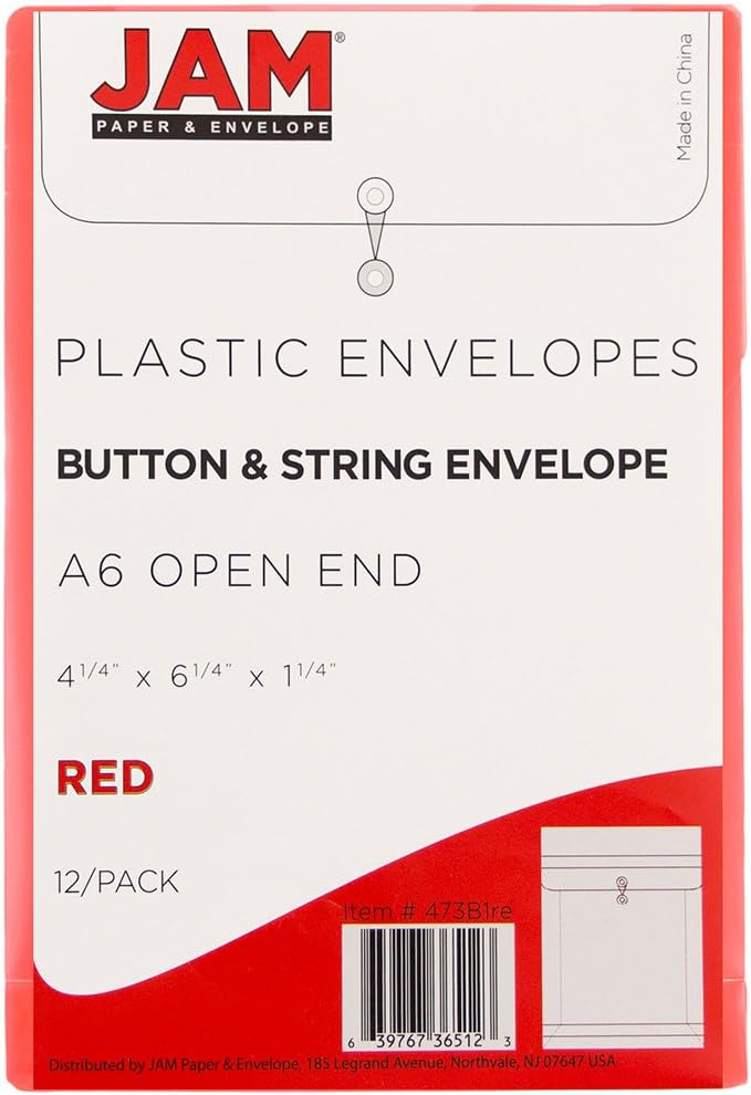 JAM PAPER Plastic Envelopes with Button & String Tie Closure - 4 1/4 x 6 1/4 - Red - 12/Pack