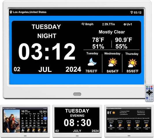 Digital Alarm Clock with Date and Time for Elderly Digital Calendar Clock Photo Frame- Auto Dimmable Display 15 Alarm Options (10 inch White)