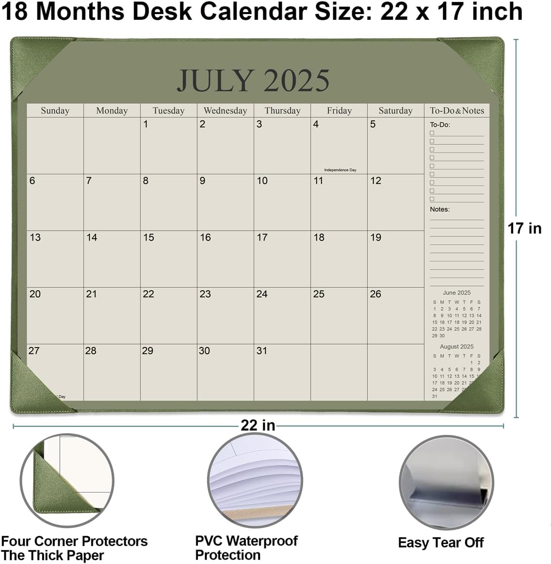 Desk Calendar 2025-2026 with Desktop Mat, 18 Month Large Desk Pad Calendar from July 2025 to December 2026, 22" x 17" Desk Pad Calendar 2025-2026 for Home, School Office, Cyan
