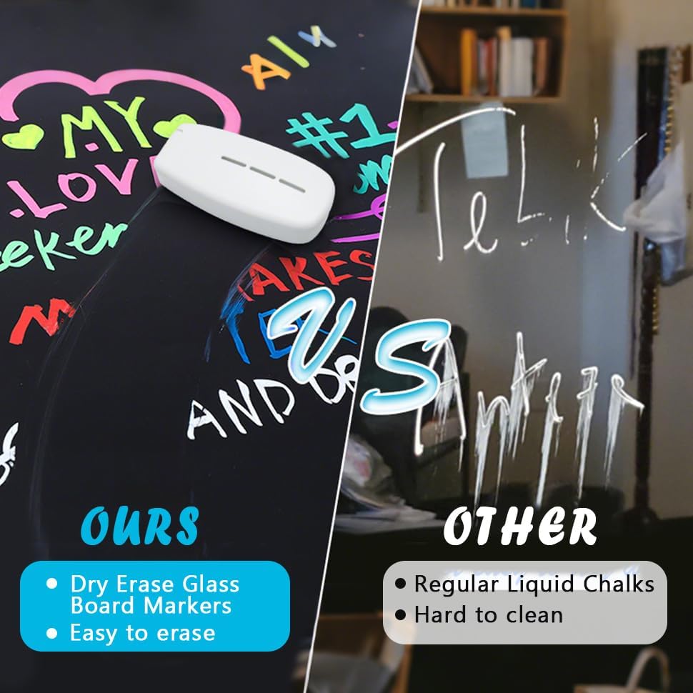 Dry Erase Markers for Black Glass Board, 2-in-1 Magnetic Chalkboard Spray Eraser & Washable Reversible Dual Tip Liquid Chalks - Bullet & Fine Point for Window Acrylic Refrigerator