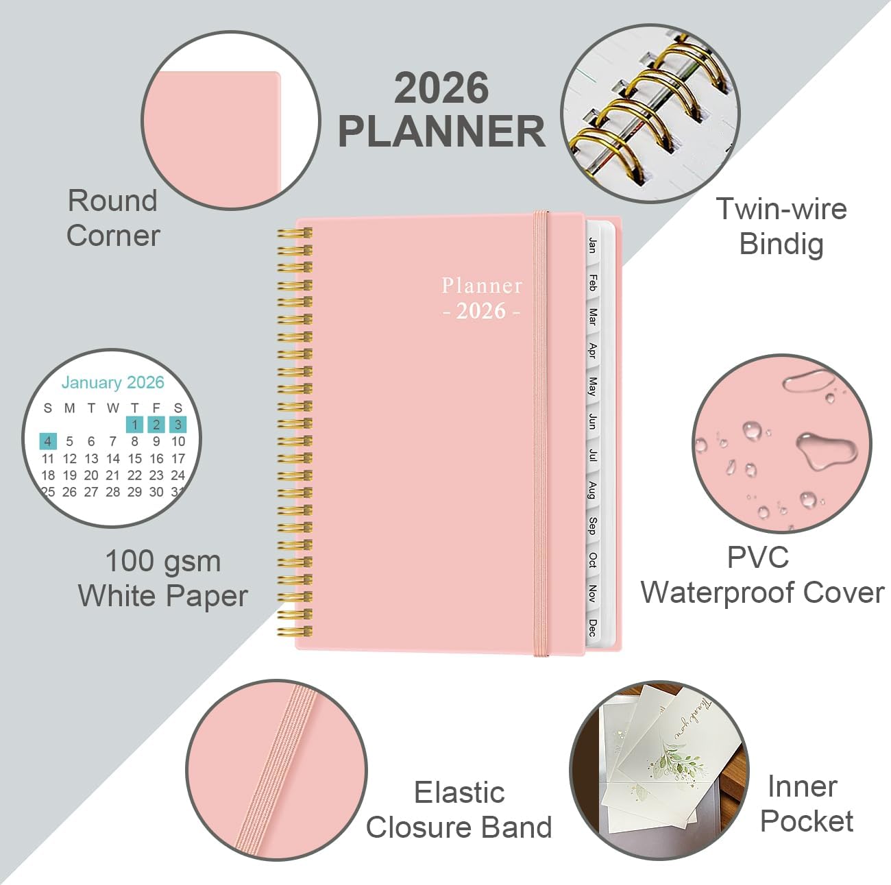 2026 Planner - Planner 2026 from January 2026 - December 2026, Weekly & Monthly Planner Spiral Bound with 12 Monthly Tabs, Inner Pocket, 6.4" x 8.5", Pink-E