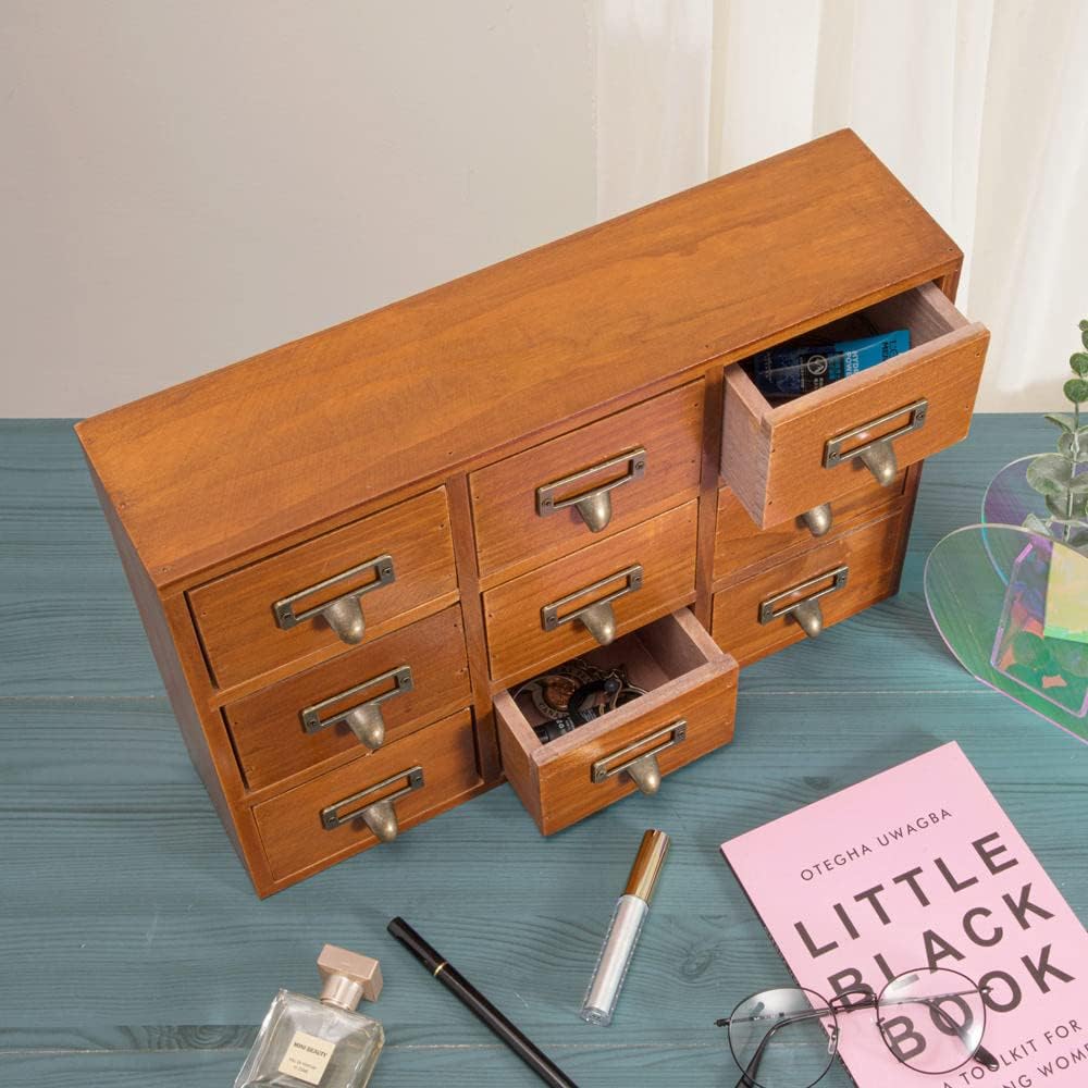 9 Drawers Library Card Catalog Cabinet with Labels Apothecary Cabinet Tabletop Apothecary Chests and Cabinets Herb Storage Box Wooden Desk Drawer Organizer Medicine Vintage Furniture(Brown)