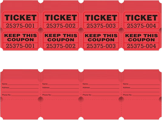 DGBDPACK 100 Raffle Tickets, 50/50 Double Ticket, Bold Numbers for Easy Reading, Ticket for Events, Entry, Class Reward & Prizes -Red