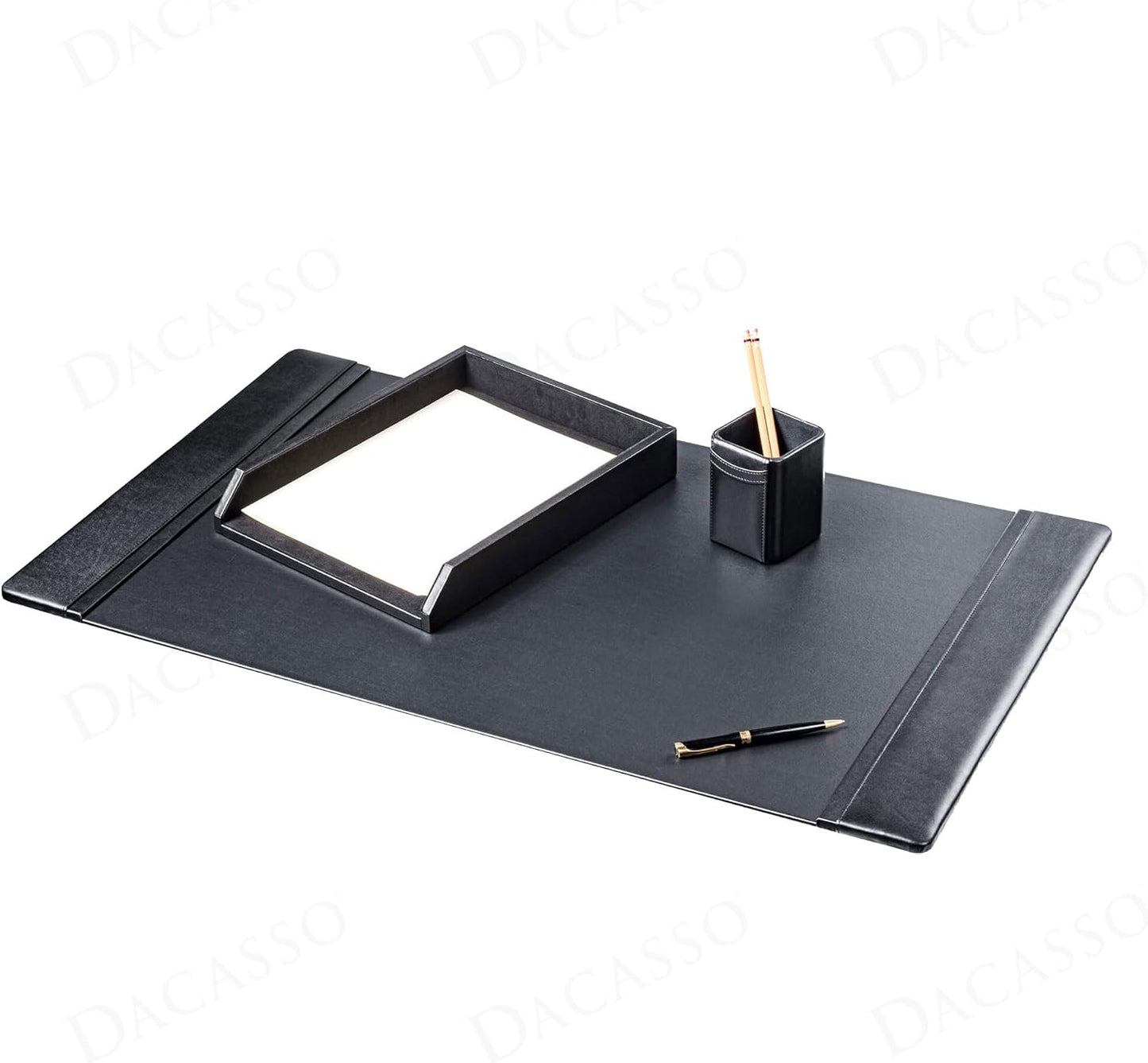 Dacasso Black Bonded Leather Luxury 3 Piece Desk Set - Blotter Pad & Desk Mat Organization Essentials - Executive Decor and Surface Protector
