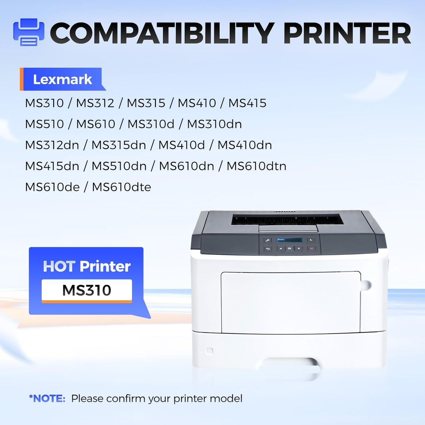 50F1H00 Toner Cartridge with chip Black 2-Pack High Yield Replacement for Lexmark 501H 50F1H00 Toner Compatible with Lexmark MS310 MS312 MS315 MS410 MS415 MS510 MS610 Laser Printer Ink dn d dtn de dte