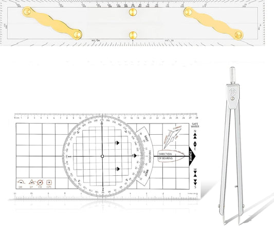 3 Pcs Basic Navigation Set,Including 15inch Parallel Ruler with Brass Arms, Nautical Protractor, and 6 Inch Marine Fixed Points Divider, Marine Accessories with Clear Scales for Boat