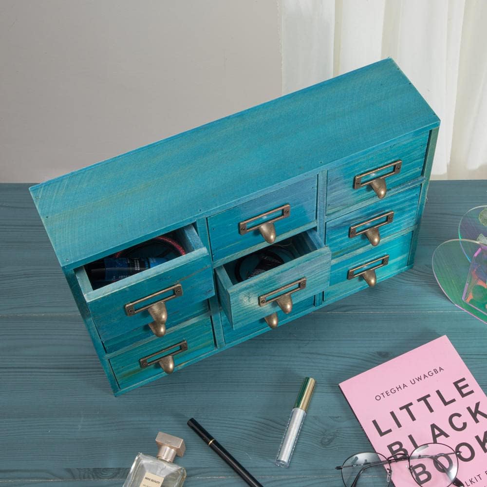 9 Drawers Library Card Catalog Cabinet with Labels Apothecary Cabinet Tabletop Apothecary Chests and Cabinets Herb Storage Box Wooden Desk Drawer Organizer Medicine Vintage Furniture(Blue)