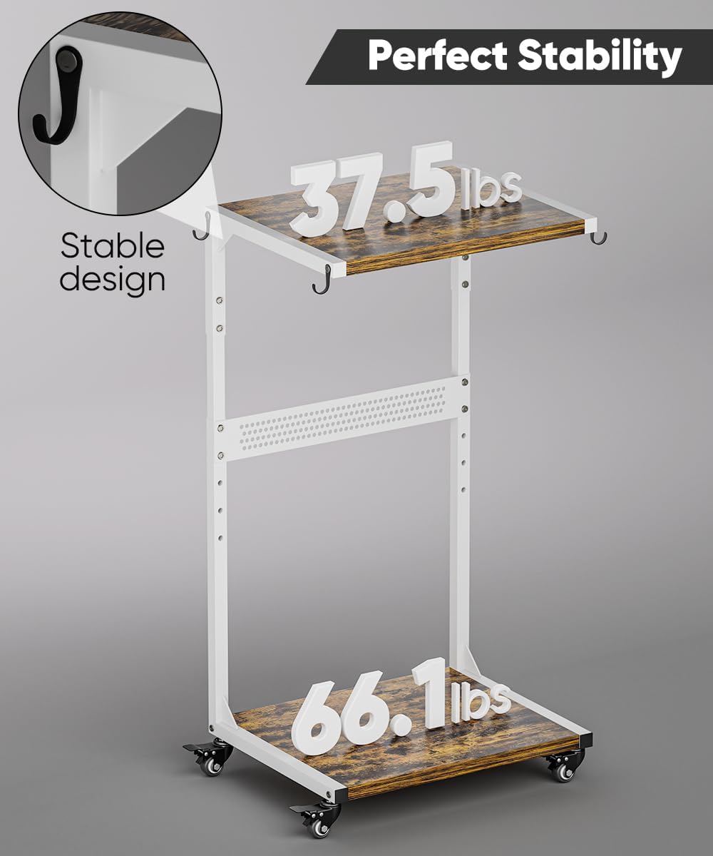 Computer Tower Stand, 2-Tier Metal CPU Holder Stand with Lockable Wheels, Adjustable Under Desk PC Shelf, Mobile Rolling Computer Cart for Home, Office, Gamers and Students, White