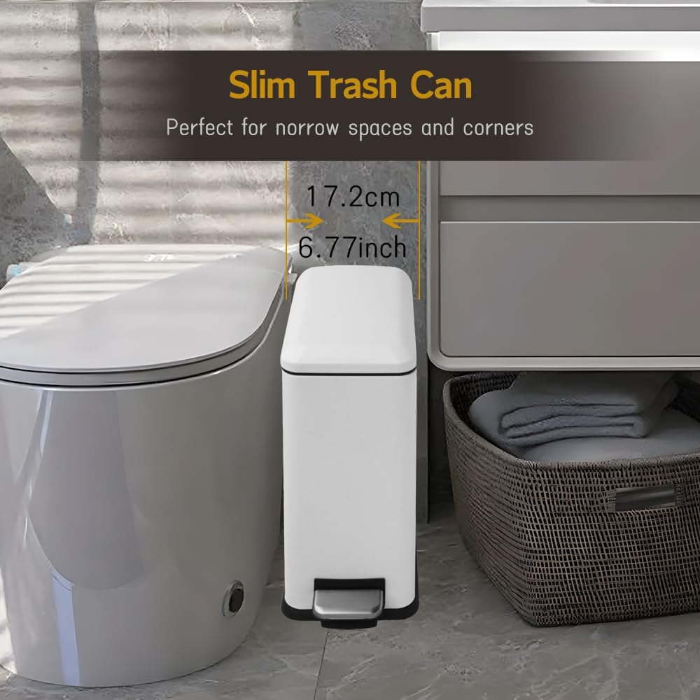 Bathroom Trash Can, 2.6 Gallon Trash Can with Lid, Stainless Steel Pedal Trash Bin with Removable Liner for Bathroom, Bedroom, Kitchen, Office,10 Liter White Garbage Can